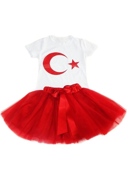 Kız Çocuk 23NISAN 29EKIM Gösteri Doğumgünü Kıyafeti Ayyıldız Kısa Kol Beyaz T-Shırt Tütü Etek Takım