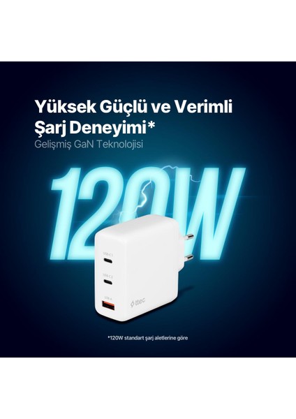 Süper Hızlı Gan 120W 2x Pd Type C ve 1x USB Girişli Şarj Aleti, Akım ve Isı Korumalı Şarj Adaptörü fiyatları