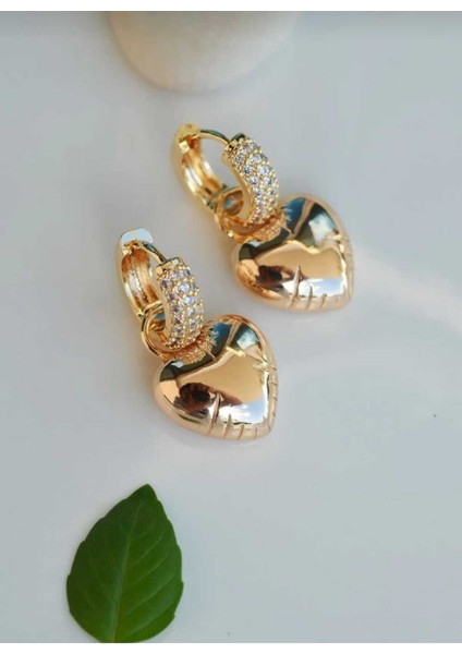 Gold Zirkon Taşlı Sallantılı Parlak Altın Kaplama Bombe Kalp Küpe fiyatları