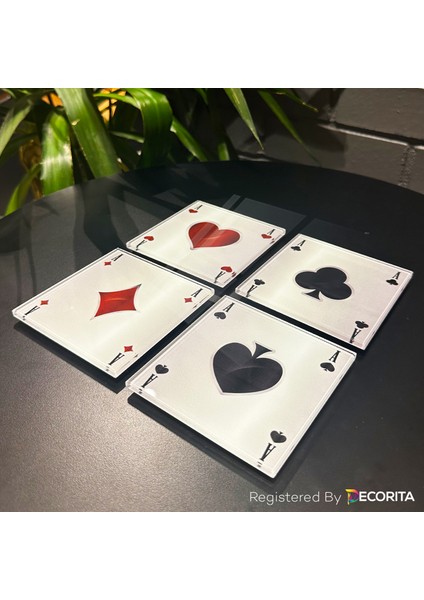 Cam Bardak Altlığı | Iskambil Bardak Altlığı | 4'lü Takım | 10CM x 10CM