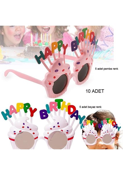 Happy Birthday Krema Gözlük Pembe Beyaz Renk Çocuk Yetişkin Uyumlu 10 Adet Hawai Retro
