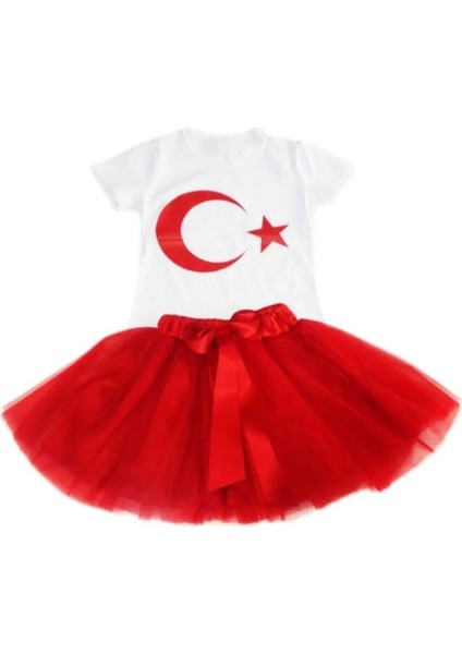 Kız Çocuk 23 Nisan 29 Ekim Gösteri Kıyafeti Desenli Kısa Kol Beyaz T-Shırt Tütü Etek Takım