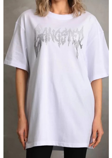 Taş Desenli Oversize T-Shirt - Beyaz fiyatları