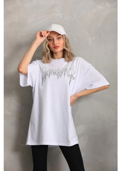 Taş Desenli Oversize T-Shirt - Beyaz fırsatları