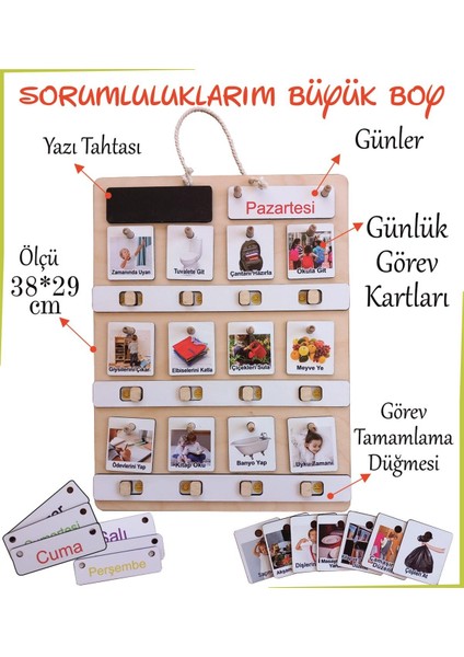 Montessori Büyük Boy Sorumluluk Alma Beceri ve Görev Tablosu Günlük Rutinim