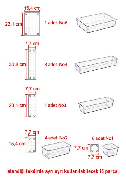 Color House 15'li Organizer Set Makyaj Takı Ofis Çekmece Dolap Banyo Düzenleyici Clear Drawer Organizer