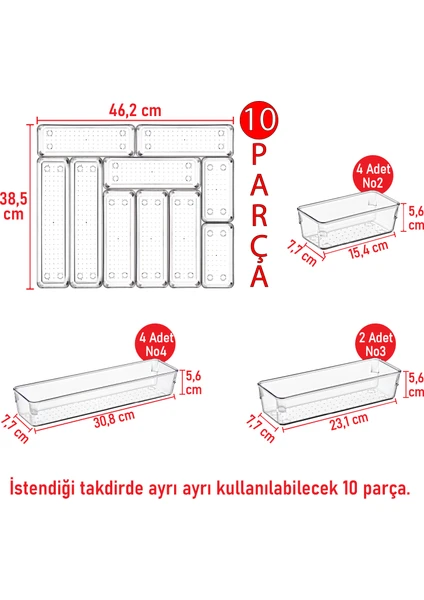 Color House 10'lu Set Modüler Kaşıklık Şeffaf Çekmece Içi Düzenleyici Mutfak Buzdolabı Organizer Düzenleyici Set