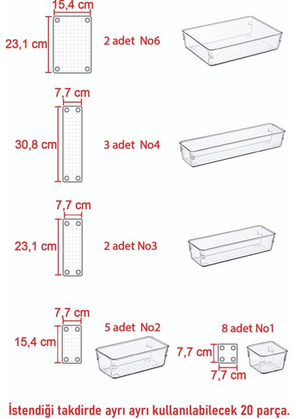 Color House 20'li Set Şeffaf Modern Organizer Ofis Çekmece Dolap Banyo Düzenleyici Clear Drawer Organizer