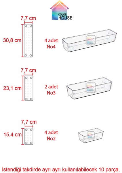 Color House 10'lu Set Modüler Kaşıklık Şeffaf Çekmece Içi Düzenleyici Mutfak Makyaj Banyo Buzdolabı Organizer