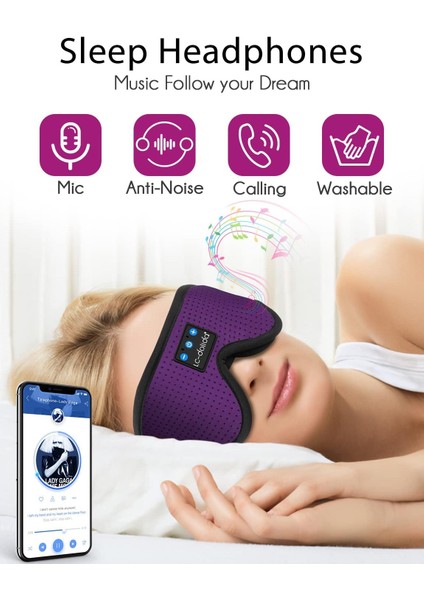 3D Uyku Maskesi - Bluetooth Kablosuz Müzik - Zarif Mor
