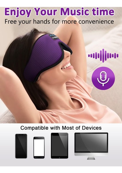 3D Uyku Maskesi - Bluetooth Kablosuz Müzik - Zarif Mor