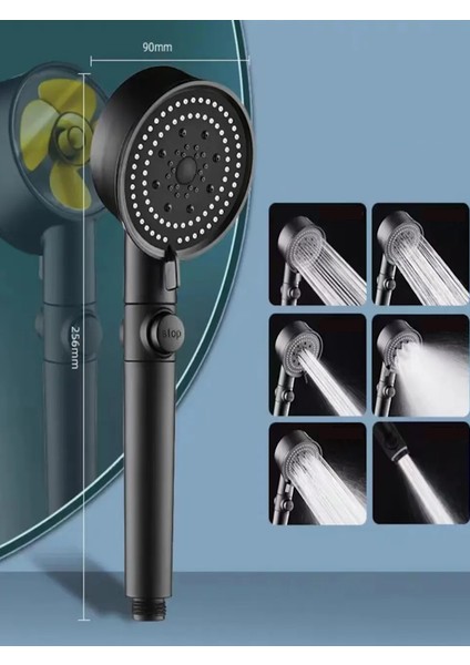 FAWER Faucet & Shower Siyah Turbo 5 Fonksiyonlu Pervaneli Duş Başlığı El Duşu