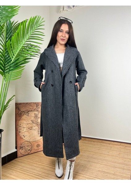 Kadın Ekose Kumaş Kaşe - Kaban - Siyah