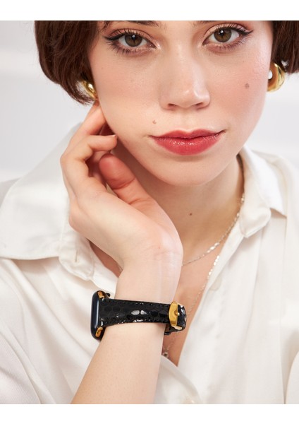 Apple Watch Siyah Kadın Kordon 38MM 40MM 41MM 3 4 5 6 7 Se 8 Uyumlu Kadın Deri Kordon Apple Saat Kordonu