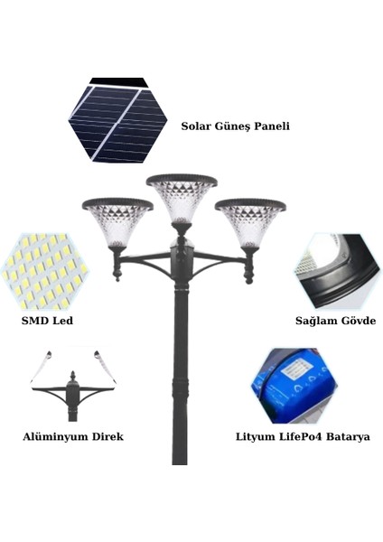 3x100W Güneş Enerjili Solar Bahçe Armatür 300CM Direkli