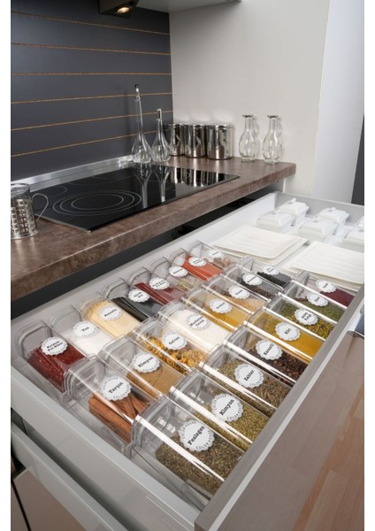 Baharatlık Akrilik Kare Kavanoz 300 cc 18 Adet Vakum Kpk. Şff ve 4 Adet Bhr.z Mdl.düzenleyici Pleksi