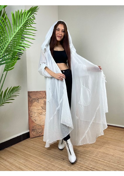 Kadın Cadı Kapüşonlu Ponpon Detaylı Pamuk Kimono - Beyaz fırsatları