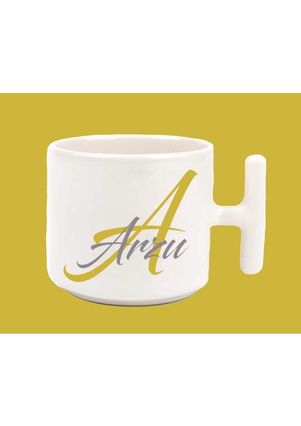 Kişiye Özel A Harfli ve Isimli Gold Gri T Kulplu Baskılı Kupa Bardak