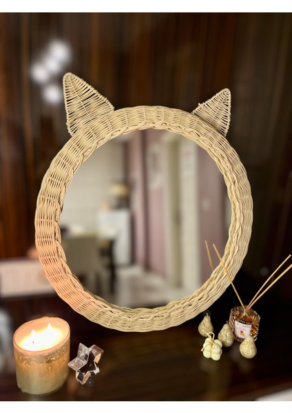 El Yapımı Kedi Kulak Rattan Ayna 57 cm