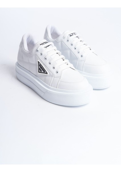 PRAG Bağcıklı Ortopedik Taban Desenli Kadın Sneaker Ayakkabı BT Beyaz