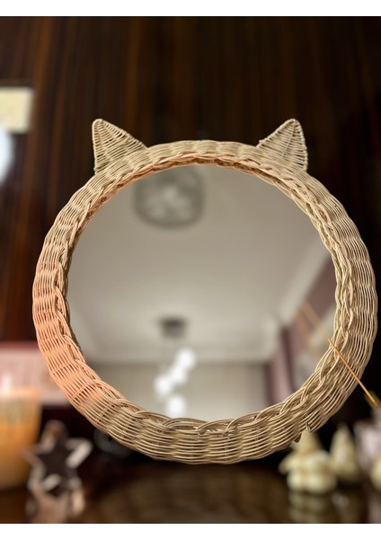 El Yapımı Kedi Kulak Rattan Ayna 57 cm