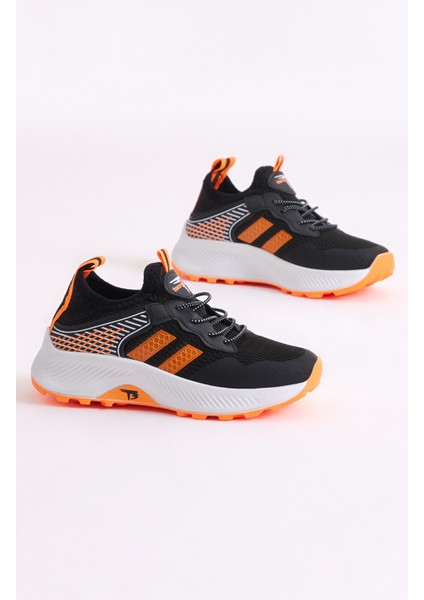 Çocuk Unisex Siyah Oranj Rahat Kalıp Nefes Alabilen Kumaş Bağcıklı Sneaker
