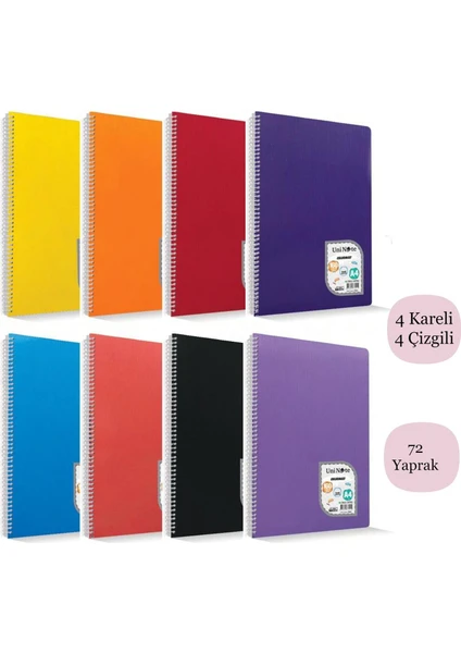 Colormaxi A4 72 Yaprak Plastik Kapak Spiralli Defter 4 Çizgili+4 Kareli