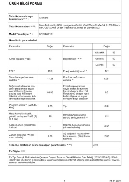 SN23IW51KT IQ300 D Sınıfı 4 Programlı Bulaşık Makinesi