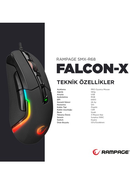 SMX-R68 Falcon-X USB 800-6400 Dpi Rgb Ledli Oyuncu Mouse Siyah