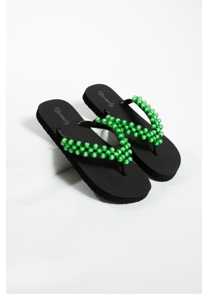 Sıdney Düz Taban Cam Boncuklu Kadın Parmak Arası Siyah Terlik Flipflops