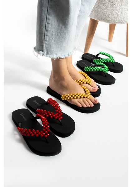 Sıdney Düz Taban Cam Boncuklu Kadın Parmak Arası Siyah Terlik Flipflops