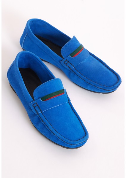 Erkek Mavi Önü ve Arkası Şeritli Süet Deri Loafer