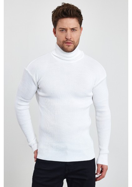 Erkek Balıkçı Yaka Slim Fit Fitilli Triko Kazak