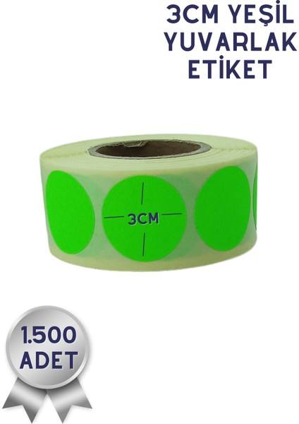 Netsan Etiket 3cm Yuvarlak Etiket 1.500 Adet | Neon Yeşil Renkli Yapışkanlı Yuvarlak Etiket