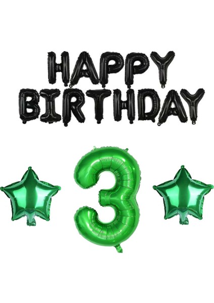 Siyah Happy Bırthday Yeşil Rakam ve Yıldız Folyo Balon Seti Yaş 3