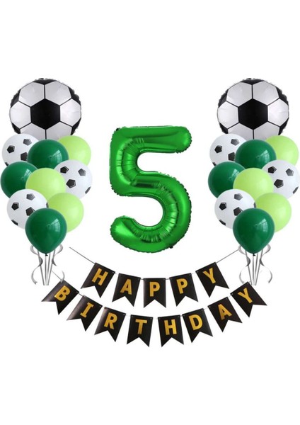 5 Yaş Futbol Temalı Yeşil Rakamlı Happy Bırthday Yazılı Doğum Günü Seti