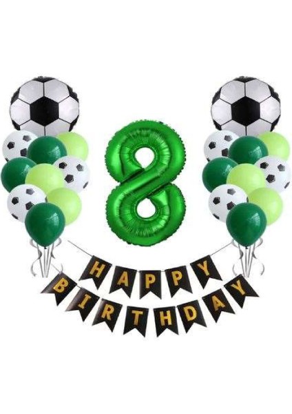 8 Yaş Futbol Temalı Yeşil Rakamlı Happy Bırthday Yazılı Doğum Günü Seti