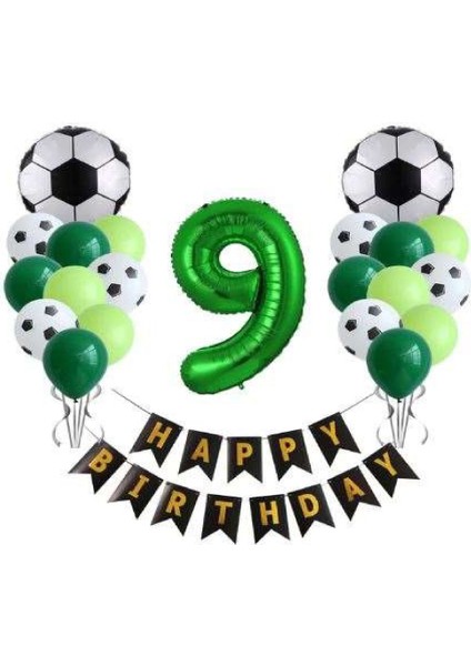 9 Yaş Futbol Temalı Yeşil Rakamlı Happy Bırthday Yazılı Doğum Günü Seti