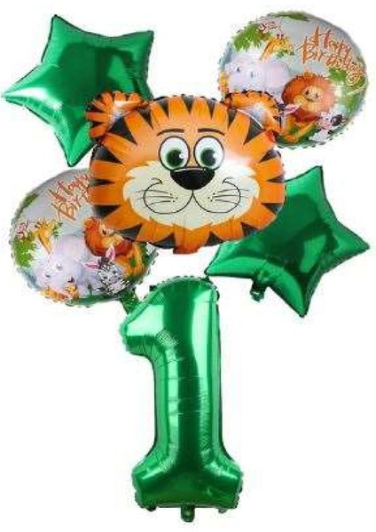 Yeşil Rakam Yıldız Kaplan Hayvan Folyo Balon Seti Yaş 1