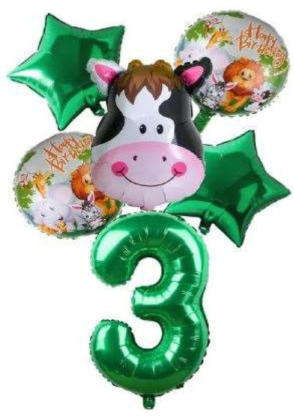 Yeşil Rakam Yıldız Inek Hayvan Folyo Balon Seti Yaş 3