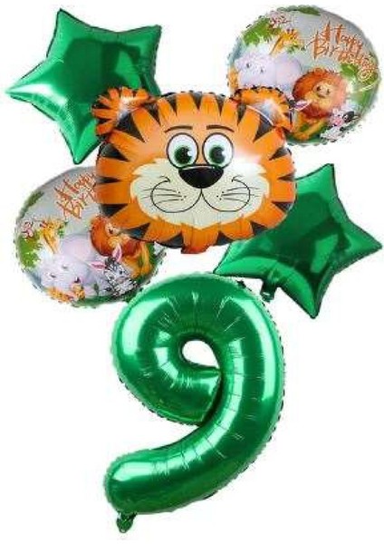 Yeşil Rakam Yıldız Kaplan Hayvan Folyo Balon Seti Yaş 9