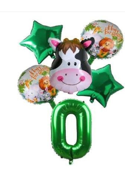 Yeşil Rakam Yıldız Inek Hayvan Folyo Balon Seti Yaş 0