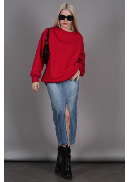 Buz Mavisi Yırtmaçlı Midi Boy Basic Kadın Kot Etek MG1558 fırsatları