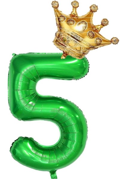 5 Rakam Koyu Yeşil Rakam ve Kral Tacı Folyo Balon Seti