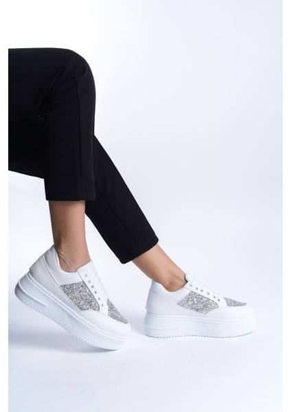 MIPA Bağcıklı Ortopedik Taban Simli Kadın Sneaker Ayakkabı BT Beyaz