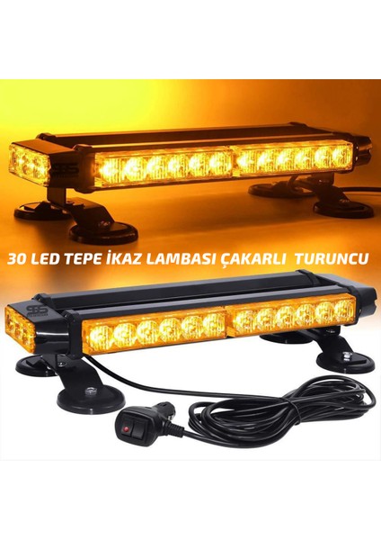 Tepe Lamba 4 Yönlü Turuncu Çakarlı Ikaz Lambası 28 Farklı Modlu Manyetik Mıknatıslı Tepe Lambası 30 LED Çakmaklık Girişli