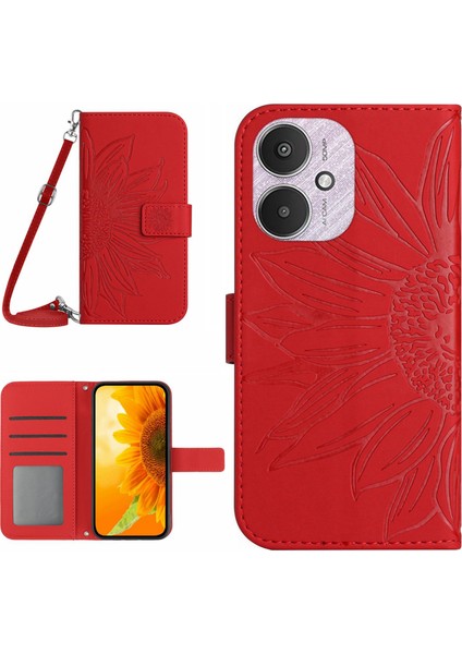 Xiaomi Redmi Için 13C 4g/5g/poco C65 4g Crossbody Telefon Deri Kılıf Ayçiçeği Desen-Kırmızı (Yurt Dışından)