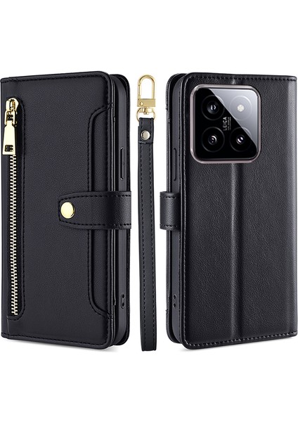 Xiaomi Için 14 Vaka Kartı Yuvaları 2 Kayış-Siyah Olan Fermuarlı Cüzdan Deri Kapağı (Yurt Dışından)