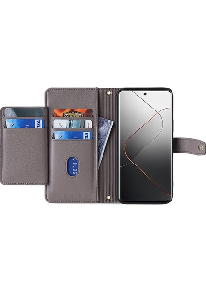 Xiaomi Için 14 Vaka Kartı Yuvaları 2 Kayış-Gri ile Fermuarlı Cüzdan Deri Kapağı (Yurt Dışından)