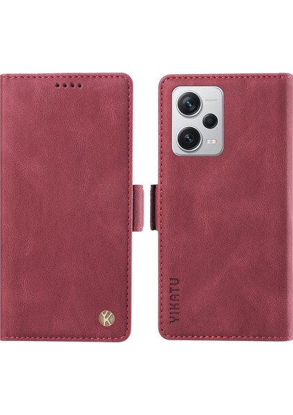 Xiaomi Redmi Için Note 12 Pro+ 5g Telefon Kapağı Cilt Dokunuşlu Pu Deri Cüzdan Case-Wine Kırmızı (Yurt Dışından)